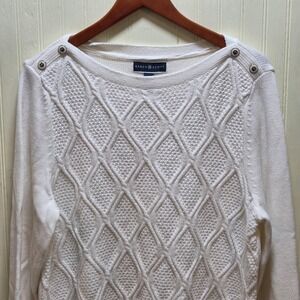 Karen Scott Sweater Womens XL White Argyle Cable Knit Boat Neck Button Pullover